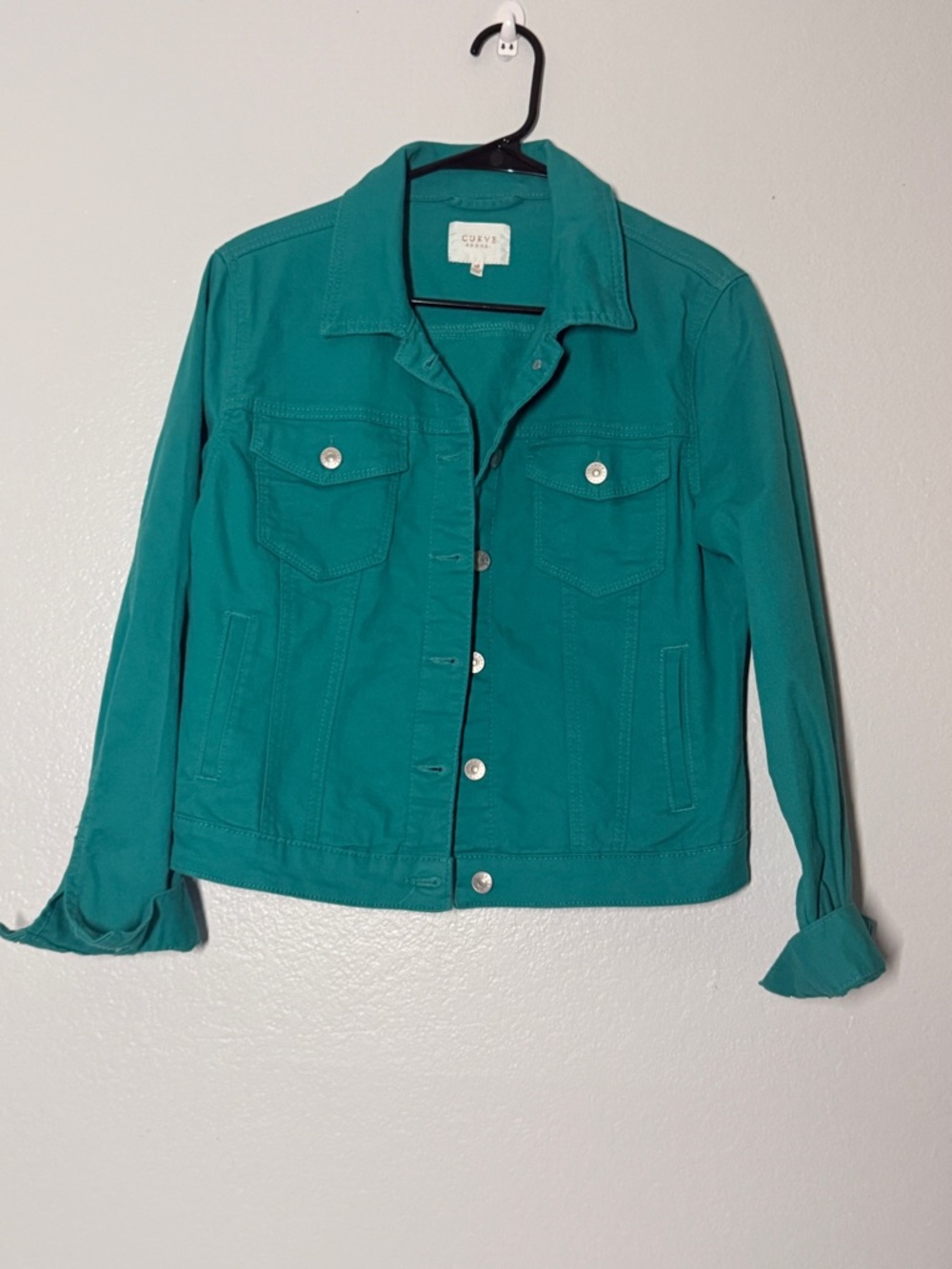 Curve Appeal Green Denim Jacket Size Medium Stretch Trucker Jacket Cropped Fit - Picture 2 of 6